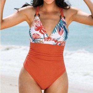 NWT Orange One Piece Bathing Suit Size Medium White Tropical Print